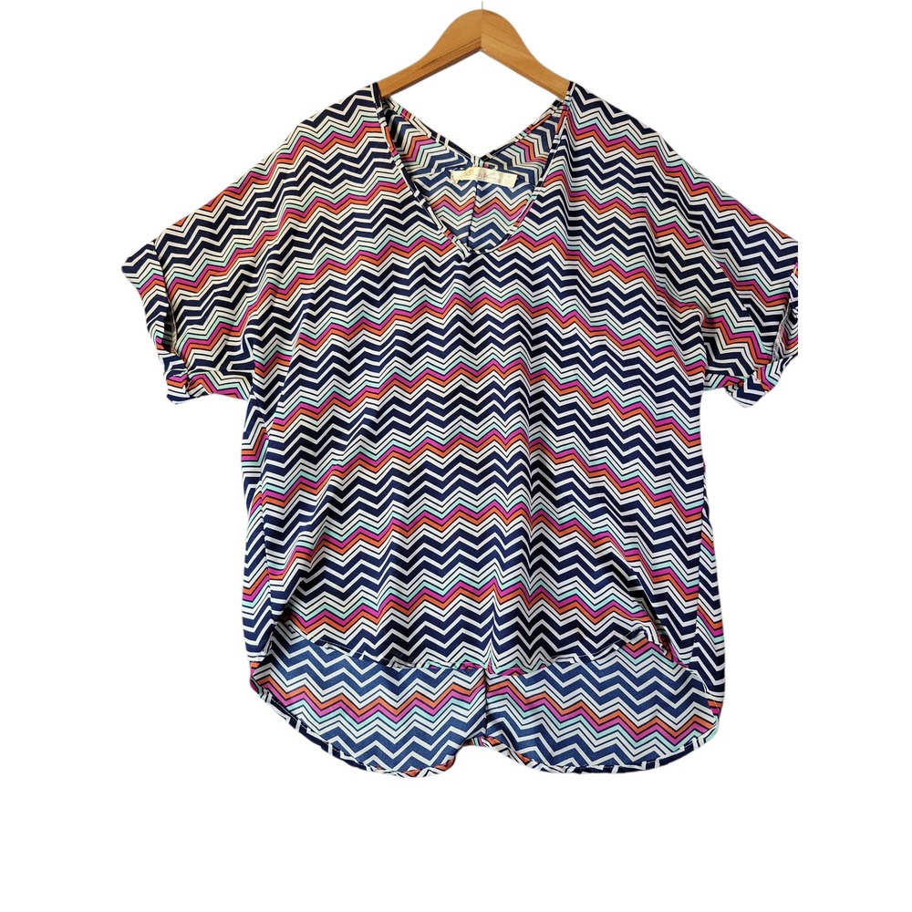 Catherine Malandrino Womens Top S Chevron Print Blouse Blue Multicolor Boho Chic